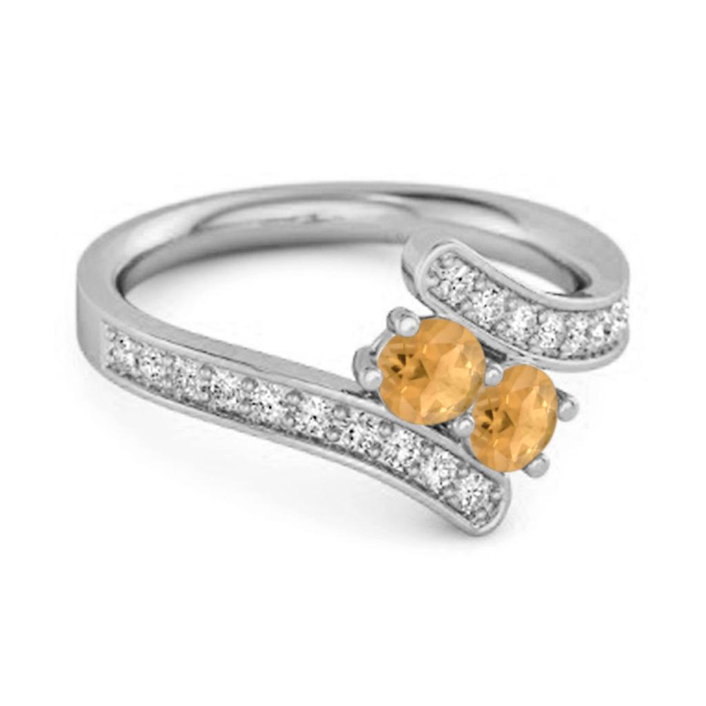 Citrine Double Row Bypass White Accent Ring- 925 Sterling Silver