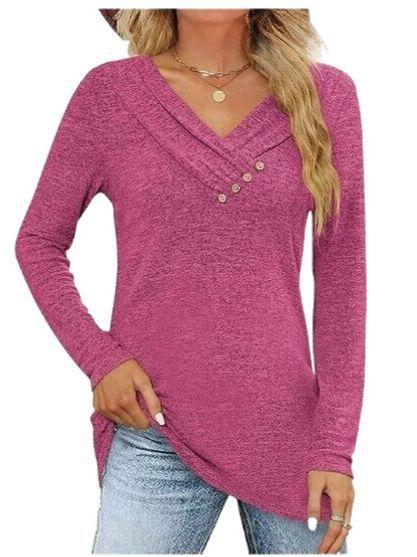 Women S Casual Solid Color V Neck Button Long Sleeve Top