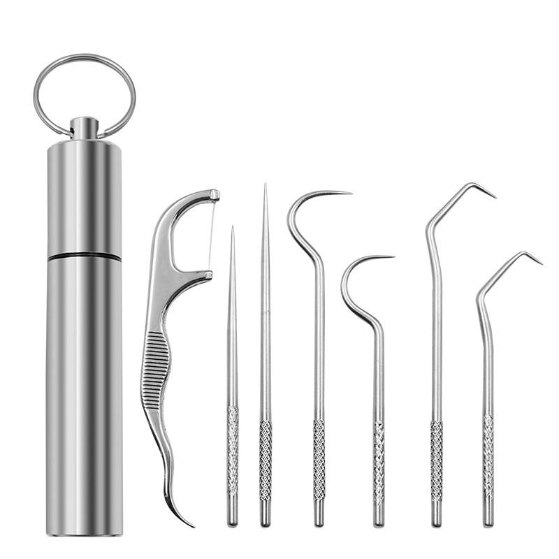 

Набор зубочисток из нержавеющей стали, портативный держатель для зубочисток, металлические инструменты для чистки зубов, набор из семи предметов серебряный