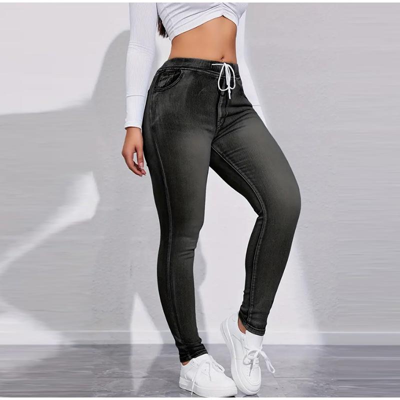 High Stretch Drawstring Denim Inspired Leggings for Women High Waist Slim Fit Lifted Buttocks Solid Color Tight Pants Spring