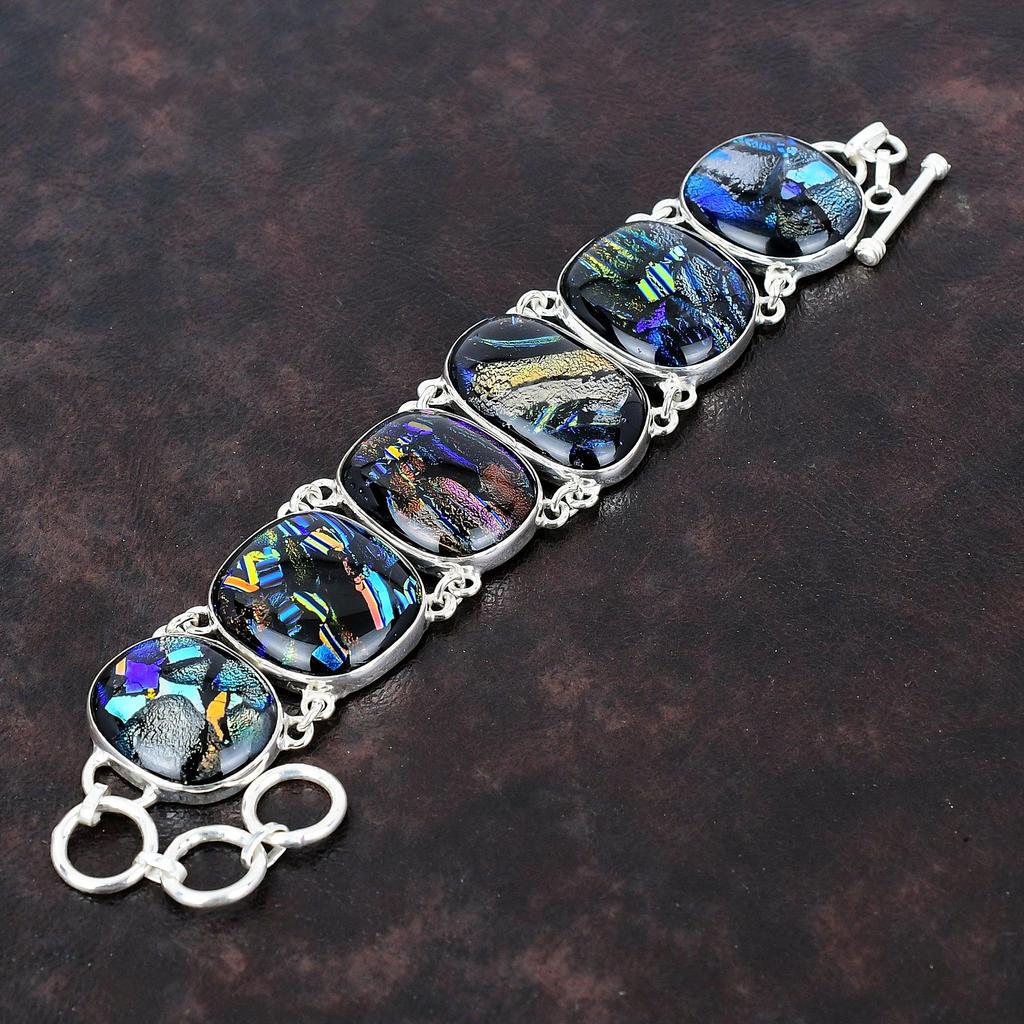 American Dichroic Glass Bracelet 925 Sterling Silver Bracelet Adjustable Chain Bracelet Handmade Gemstone Bracelet Silver Jewelry For Gifts
