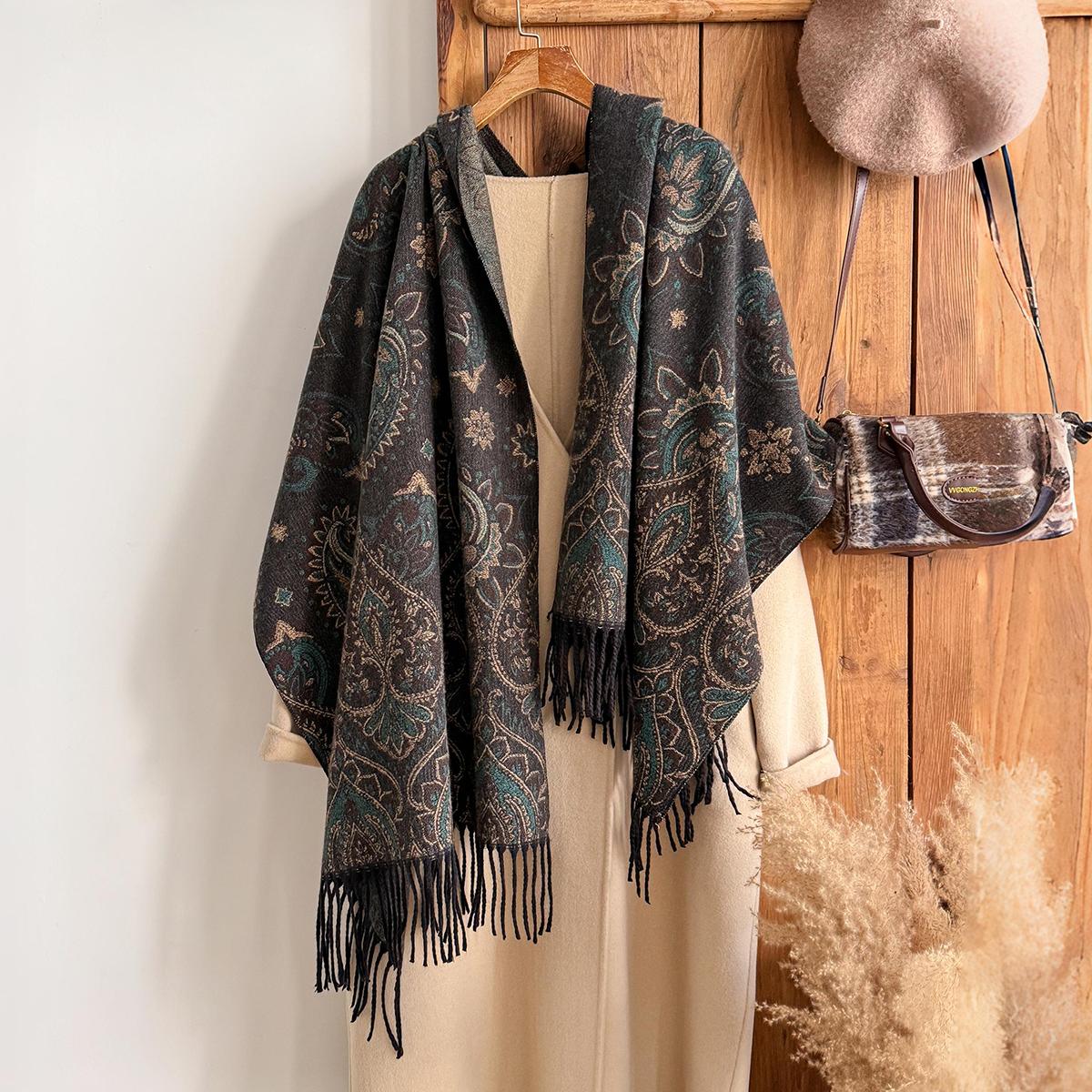 Modischer Warmer Kaschmirschal für den Winter - Damen-Fransen-Vintage-Blumen-Ölgemälde-Druck-Pashmina-Dicker Schal & Poncho black