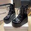 Fashion Platform Boots Goth for Women Lace up Wedge Heel Buckle Ankle Booties Studded Short Motorcycle Boots with Zipper White