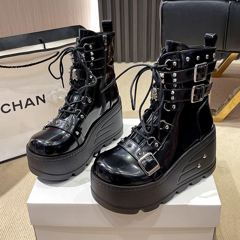 Fashion Platform Boots Goth for Women Lace up Wedge Heel Buckle Ankle Booties Studded Short Motorcycle Boots with Zipper White