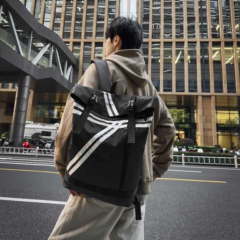 Striped Patchwork Roll-Up Backpack Men Outdoor Fitness Training Sports Bag Student School Bag