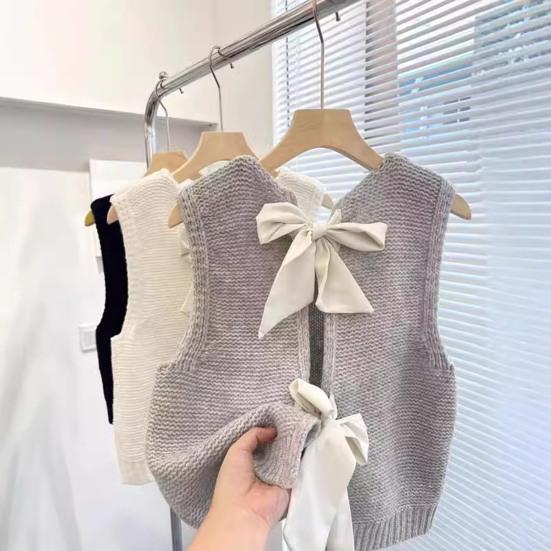 Women Knitted Vest Round Neck Sleeveless Crop Tank Back Bow Tie Decor Hollow Back Solid Color Sweater Vest