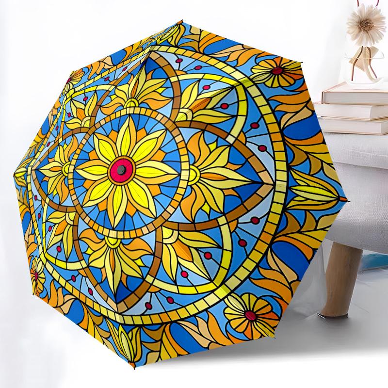 1pc Stained Glass Mandala Automatic Folding Umbrella - Design, Durable Iron Frame for Travel, Outdoor, Beach Fashion Accessory a0920062