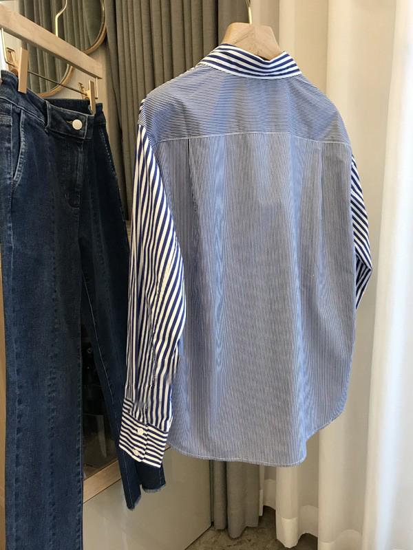 Kadınlar için Şık Mavi & Beyaz Çizgili Uzun Kollu Gömlek - Şık Sonbahar Tasarımı