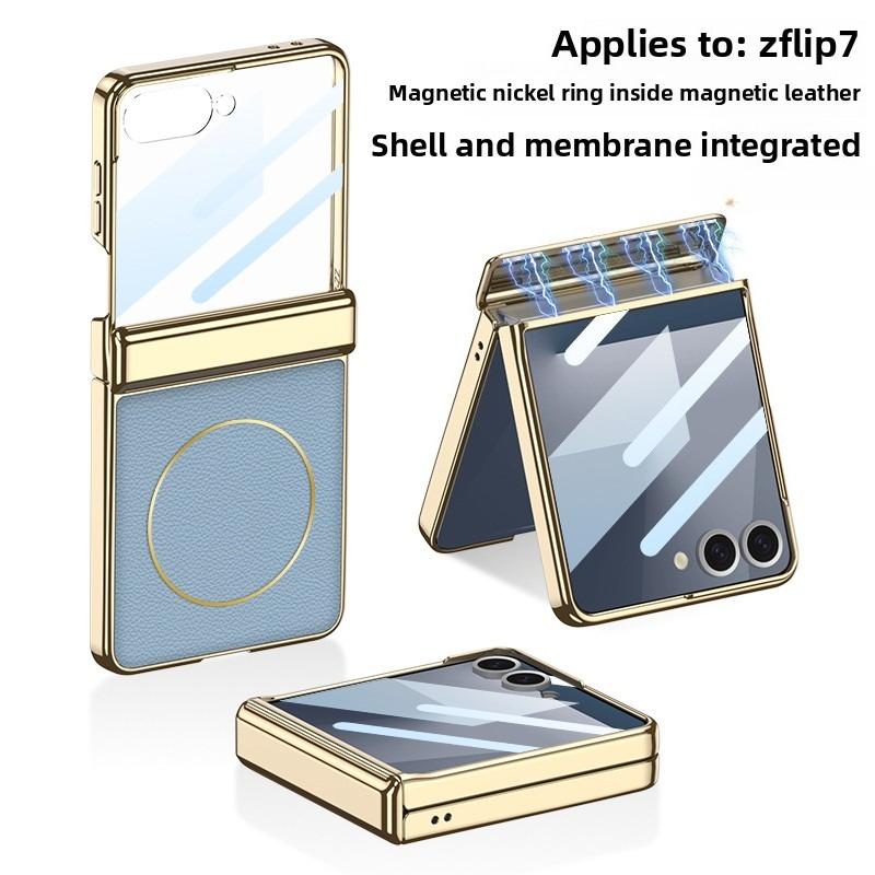

PU Leather Plating Frame Magnetic for Samsung Galaxy Z Flip 7 Flip7 Phone Case with Screen Protector & Hinge Protection Cover Galaxy Z Flip7 небо синє кольору