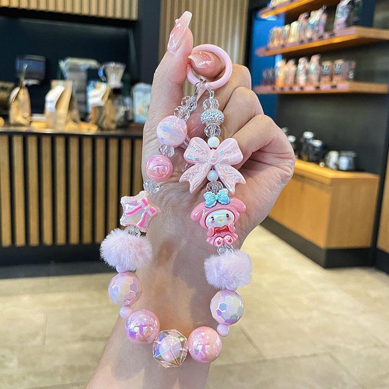Cute Bowknot Hairball Phone Chain Sanrio Hello Kitty Melody Cinnamoroll Kuromi Keychain Bag Pendant Kawaii Hand Drawn Bead Gift