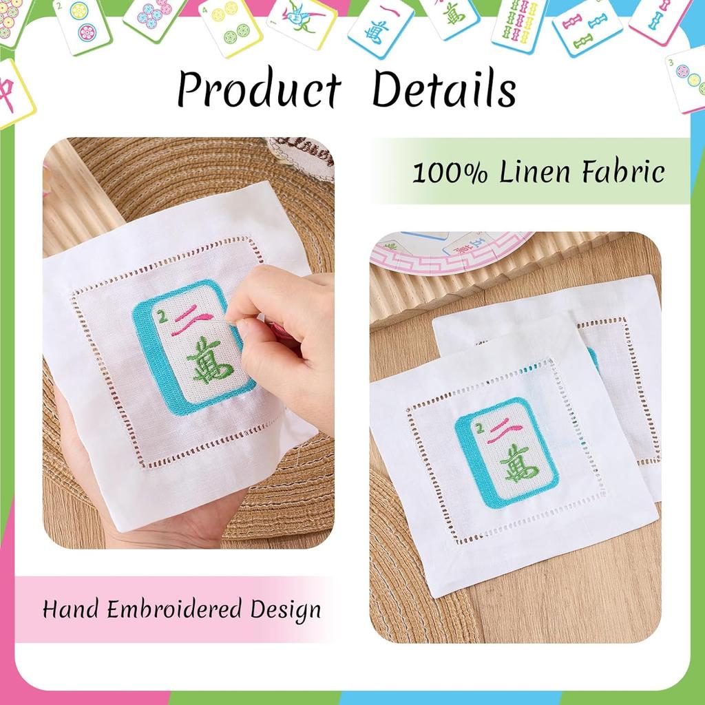 Mahjong Embroidered Napk, 4 Pieces Linen Cocktail Napk, Perfect Chinese New Year Gift for Mahjong Lovers, Dinner, Bridal Showers, Game Nights, Unique