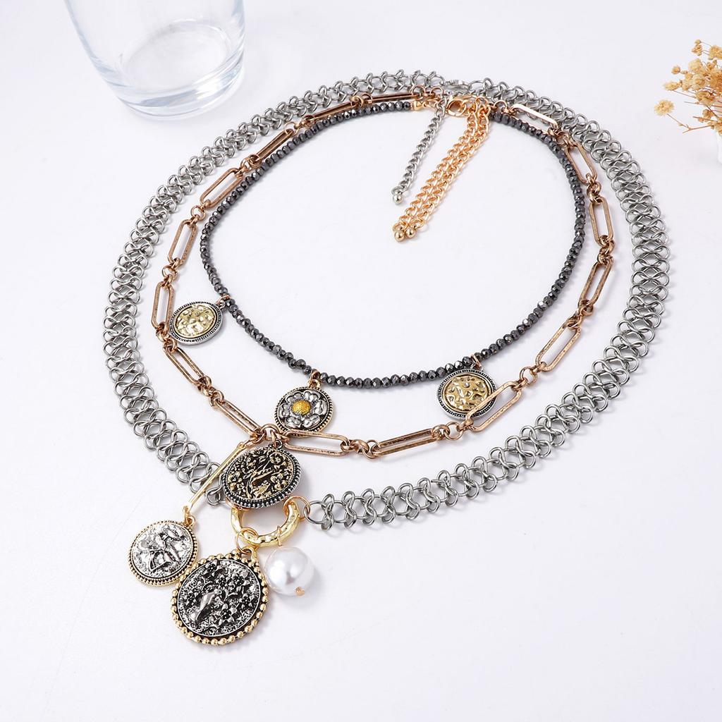 Exaggerated Casual Alloy Geometric Badge Coin Flower Pendant Multilayer Stacked Wear Chain Necklace Women's Necklace