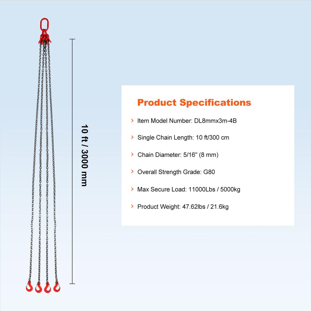SucceBuy 6/8/10MM Řetězový závěs 5/10 stop Zvedací řetězy se 4 nožními hákami a napínáky G80 pro motorový řetězový kladkostroj Zvedací nástroj