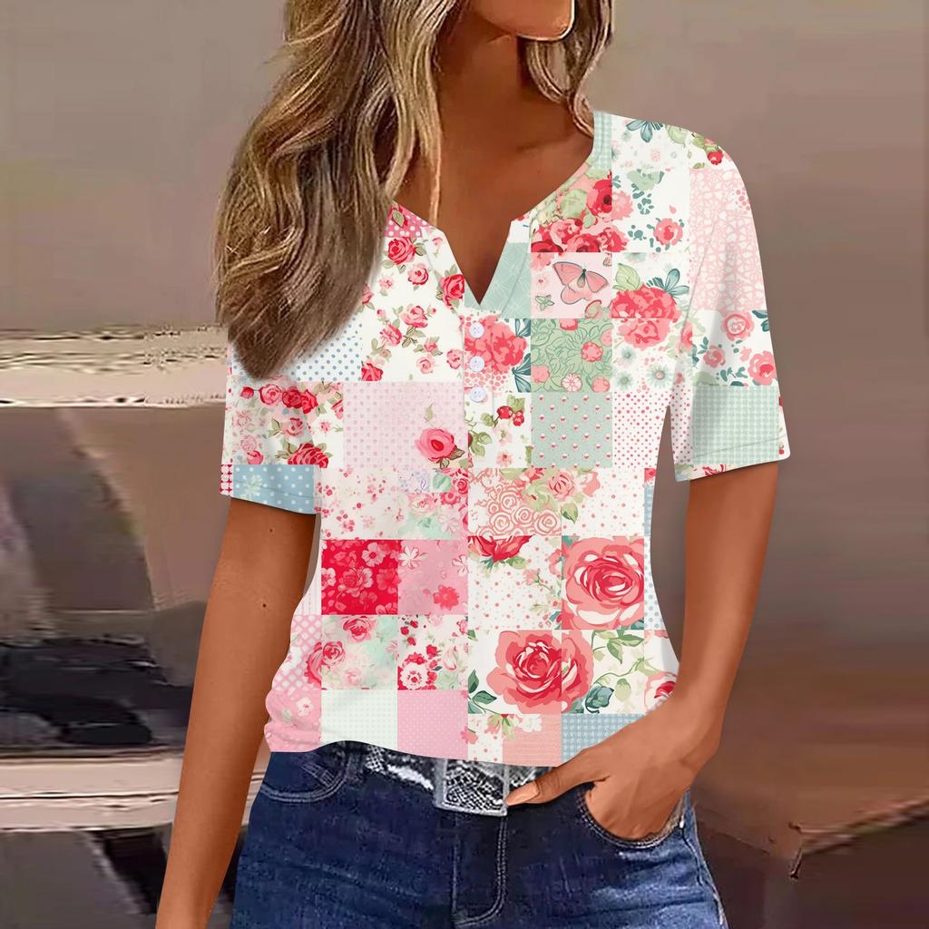 Women's T Shirt Print Button Short Sleeve Daily Weekend Fashion Basic V-Neck Regular Top