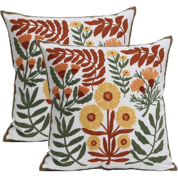 Set of 2 Embroidered Decorative Throw Pillow Covers Couch Square Pillowcases Cushion for Bedroom Sofa Farmhouse Decor 18x18 Inch (Blue Floral)