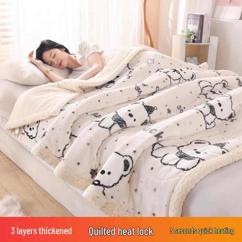 Three-Layer Quilted Milk Velvet Cartoon Blanket - Thick, Machine Washable, Ideal for Autumn/Winter Naps