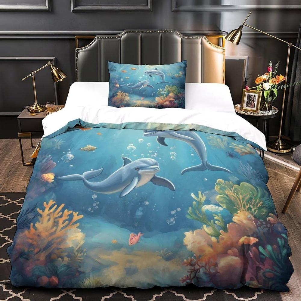 CartoonDolphin  Motif Bed Linen,Microfibre Bedding Sets, Children's Bed Linen  for Teenagers  adult  3-Piece Duvet Cover