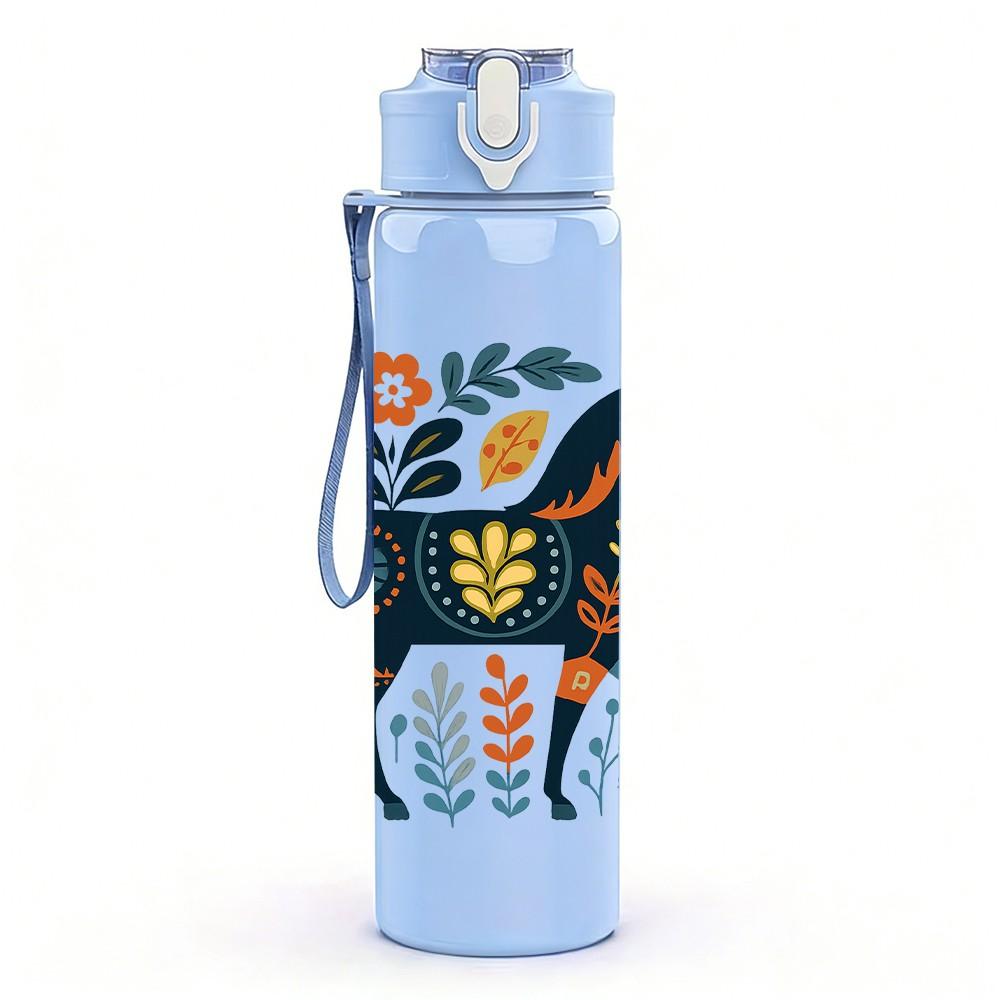 1PC Folk Art Floral Horse 750ml Color Plastic Sports Water Bottle Leakproof Flip Straw Lid Suitable for Sports Office Home Use