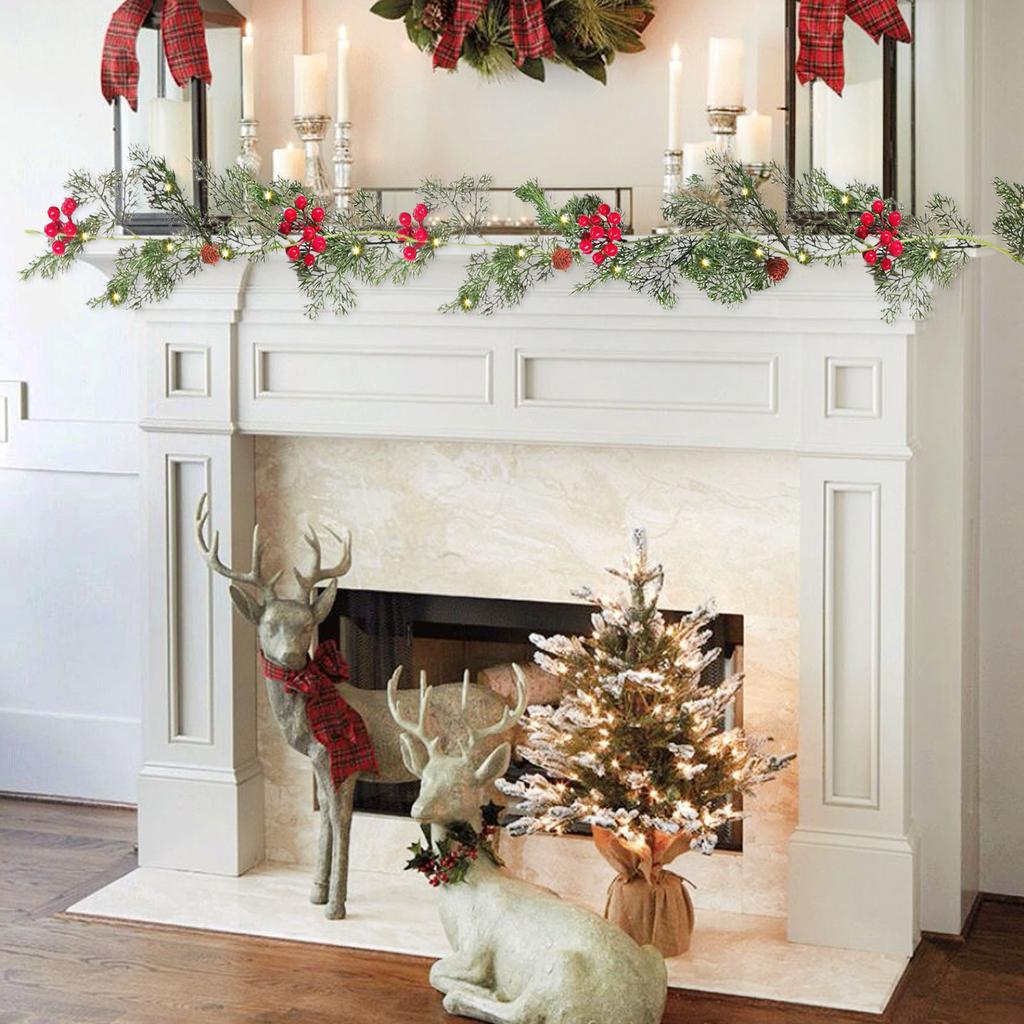 5.74ft Artificial Xmas Garland with Red Berry Pine Cone Faux Winter Greenery for Holiday Mantel Staircase Doorway