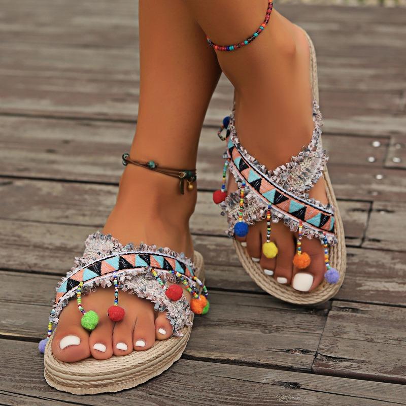 Women's Large Size Tassel Bohemian Style Extra Wear Ethnic Style Shoes Beach Wedge Roman Slippers