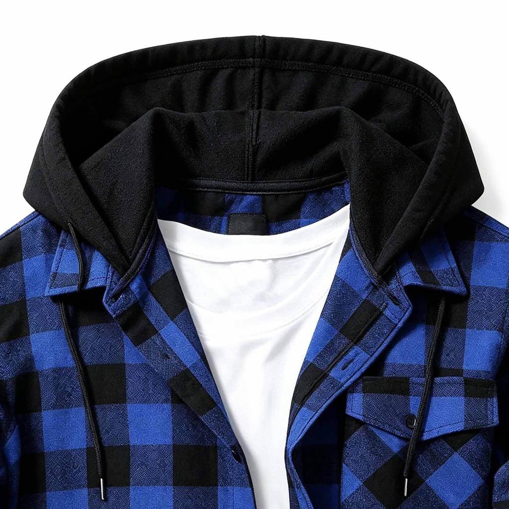 Men's Casual Long Sleeve Plaid Shirt Jacket with Hood and Pockets for Everyday Wear