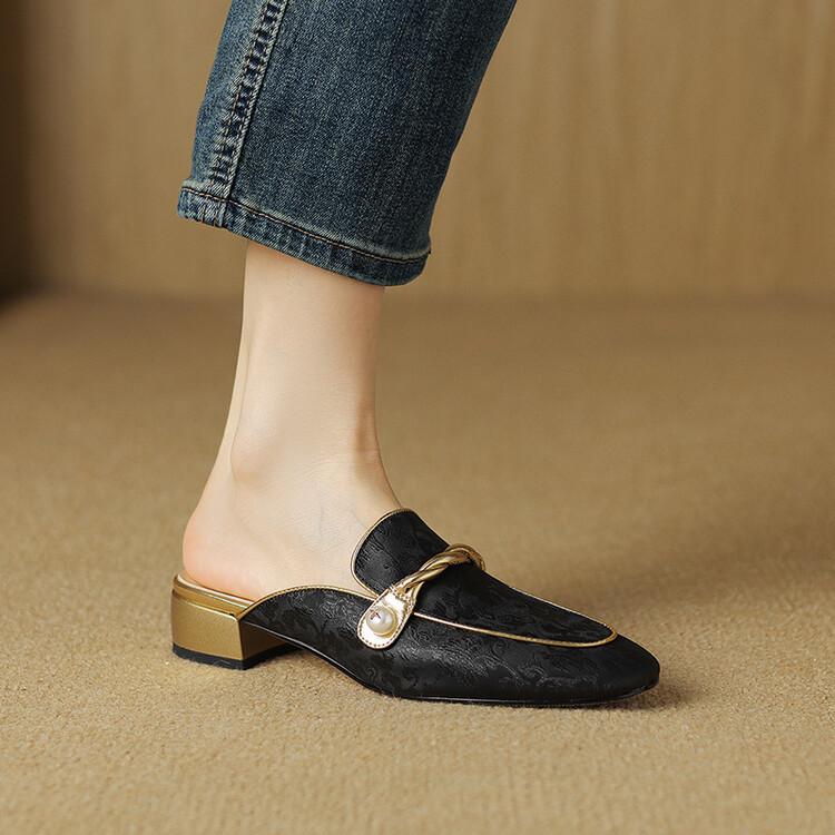Great good to wear bag head cool slippers women's summer outer wear fashion round head medium heel thick heel leather shoes low heel large size