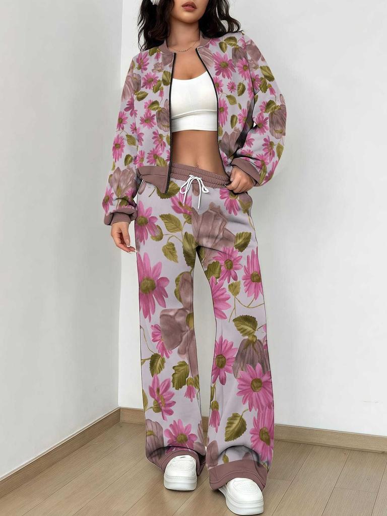 Splicing Autumn and Winter New European and American Fashion Sense Women's Clothing Floral Printing Suit Women