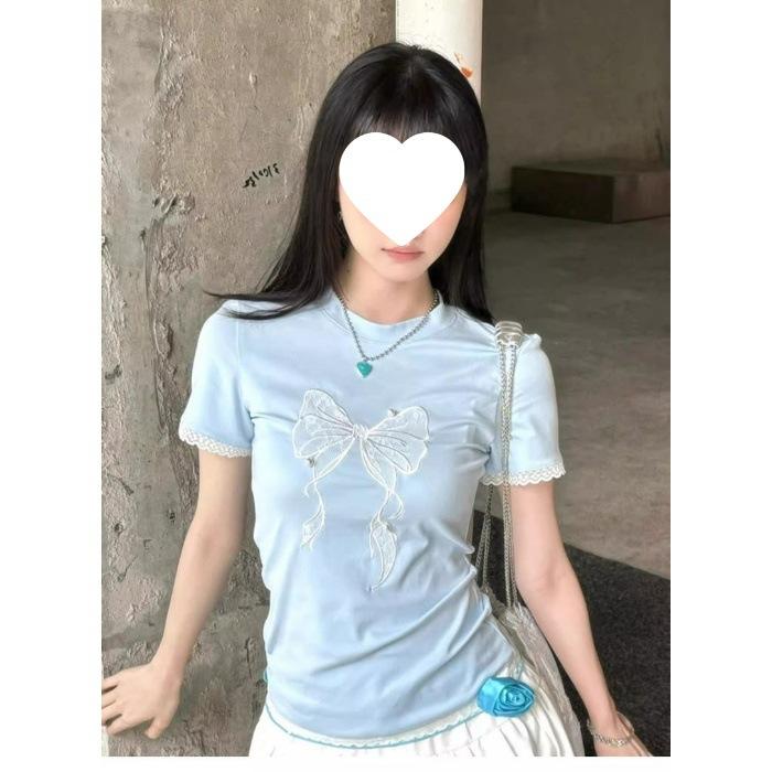 [Pure Cotton] Bow Lace Pearl Embellished Slim Short Sleeve T-Shirt Blue S синий