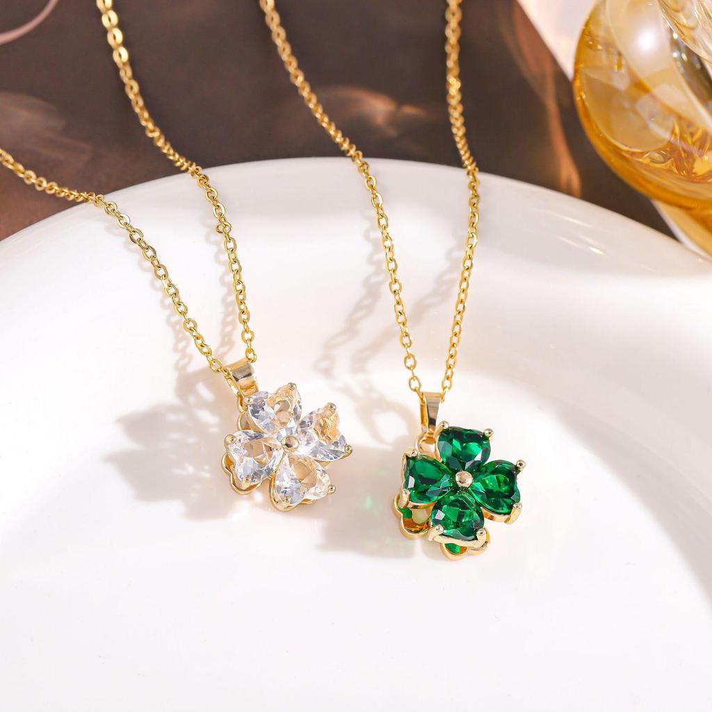 Clover Necklace with Spinning Four-Leaf Design, Diamonds & Colored Zircon, Titanium Steel Chain
