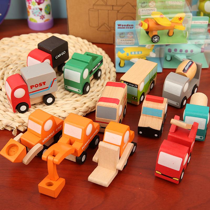 Kids Mini Wooden Cars Truck Aircraft Model Toy Montessori Wooden Education Colorful Vehicle Toys Simulation Cars Decoration Gift
