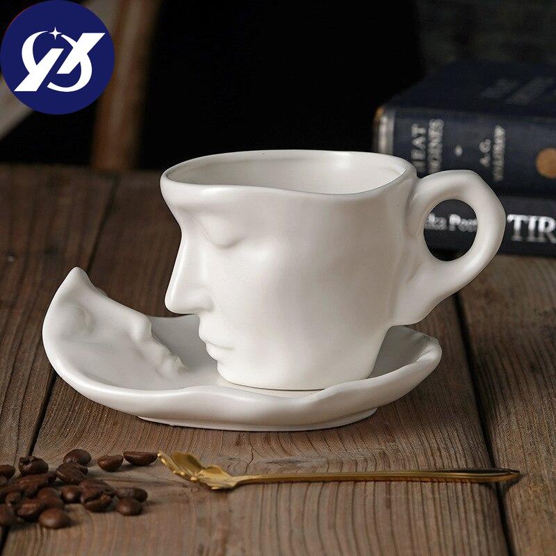 Ceramic Coffee Cup And Saucer Set Creative Abstract Art Design Matte Macaron Colors Afternoon Tea Coffee Mug Kitchen Drinkware