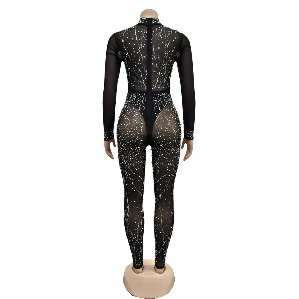Combinaison en maille à manches longues pour femme avec design strassé