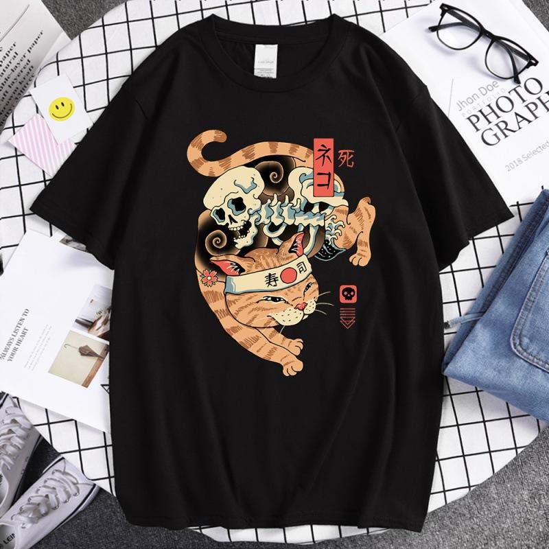 Summer Unisex 100 Cotton Shortsleeved Breathable Samurai Cat Personalized Print Tshirt For Casual And Loose Fit Hiphop Style