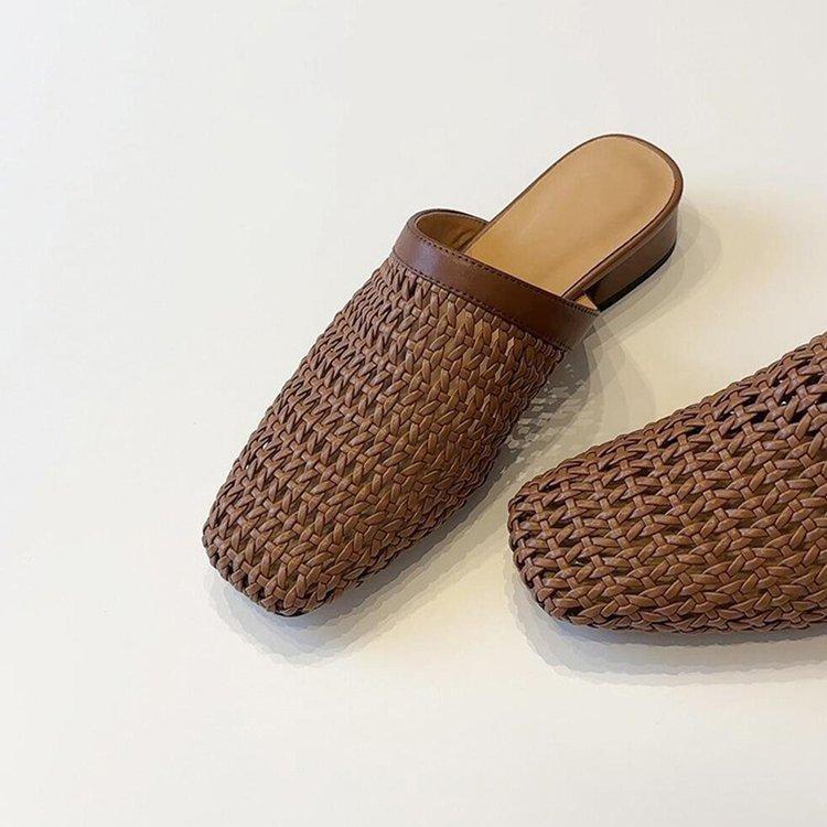 

Soft leather version~ Simple hand-woven hollowed-out one-pedal bag head shoes for women s low heels, comfortable casual cool slippers 40