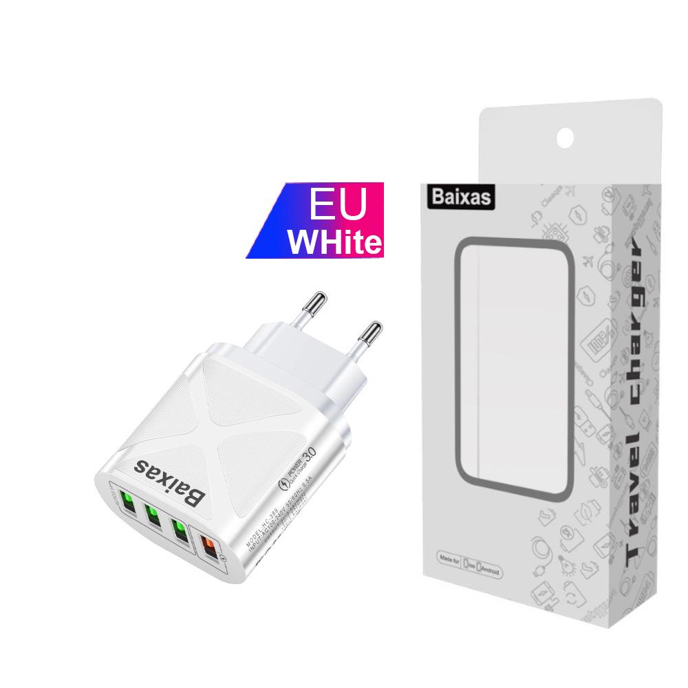 Multi-Port USB Fast Charger QC3.0, 4 Ports, 5V/9V/12V, Compatible with EU/US/UK/AU Standards