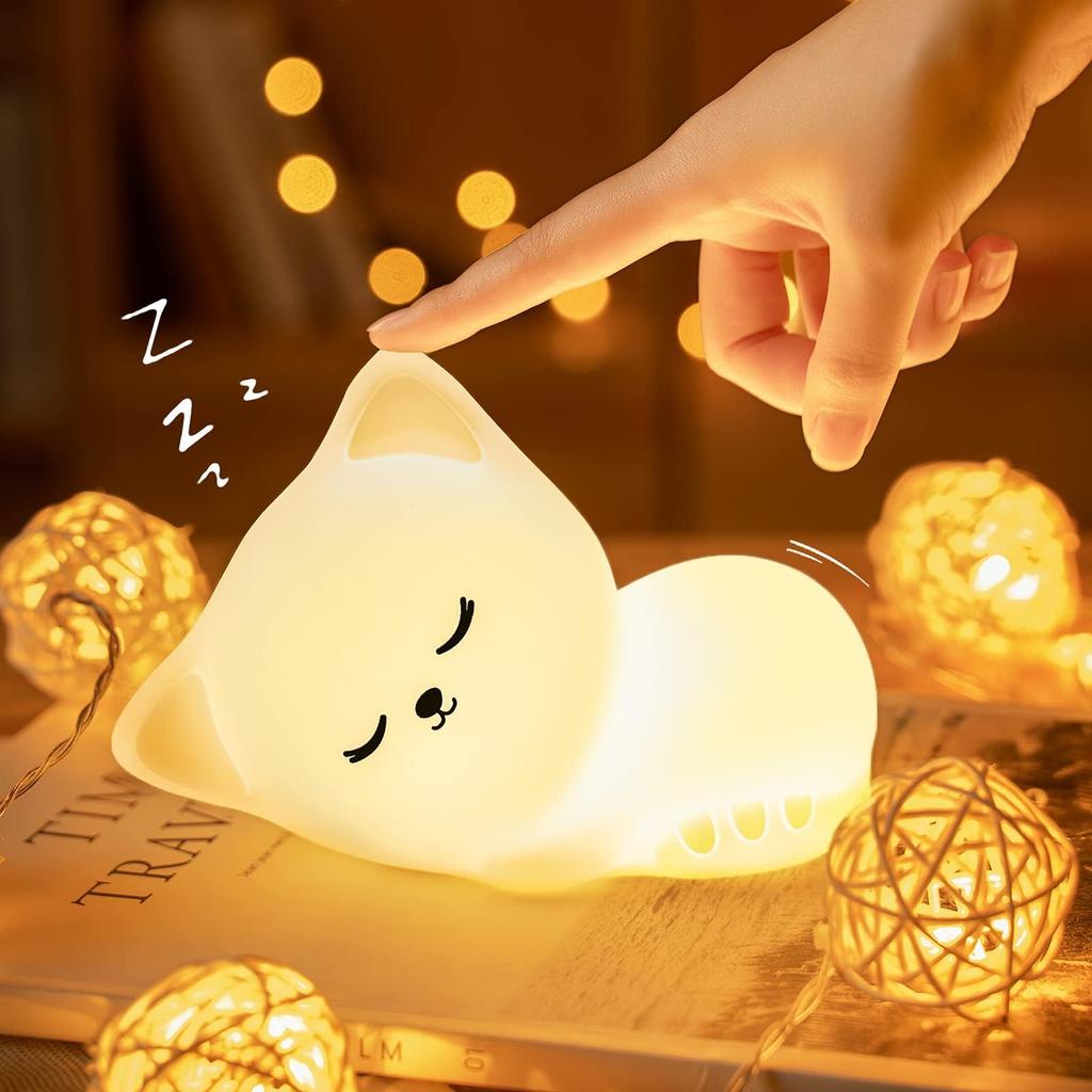 Night Light for Kids,16 Colors Cat Lamp Cute Lamp,Dimmable Baby Night Lights for Nursery,Silicone Rechargeable Nightlight for Kids Room,Kawaii Room