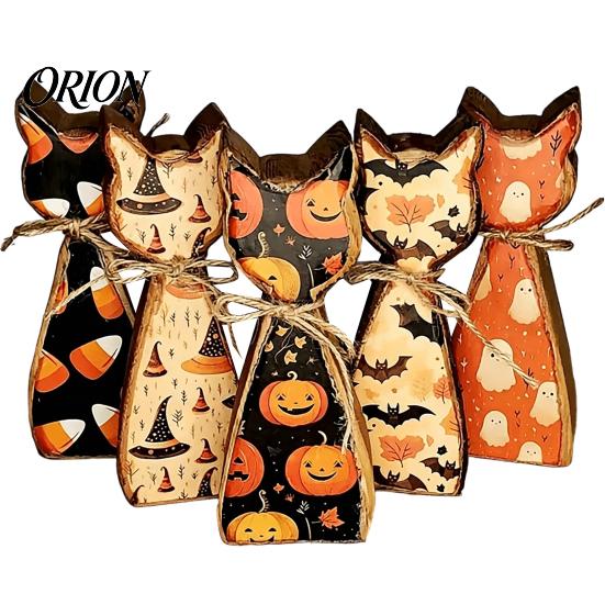 Gothic Style Autumn Tabletop Accents Rustic Wooden Cat Ornament, Vintage Halloween/Flower Wood Signs, Retro Farmhouse Shelf Display Distressed Animal