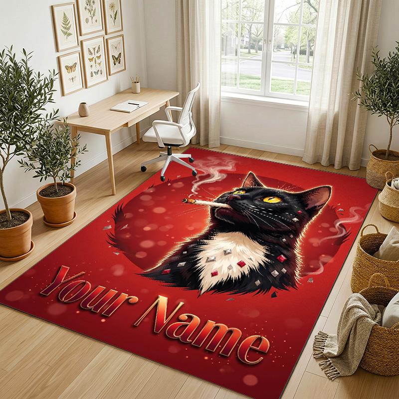Cat Theme Crystal Velvet Rug Personalized Custom Name Text Soft Floor Mat Home Decor