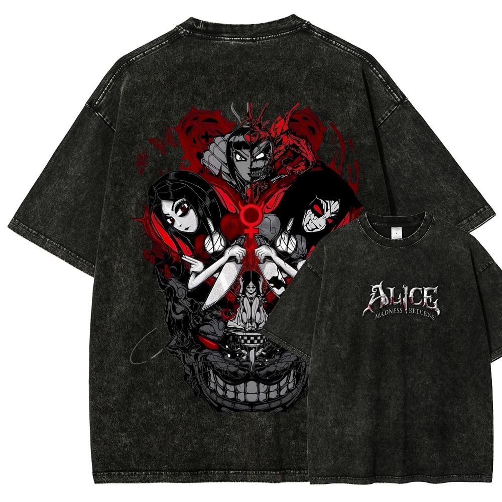 Alice Madness Returns Vintage Washed Graphic Print T Shirt Unisex Crew Neck Short Sleeve Cotton Casual Streetwear Fashion Tees Tops for Men Women