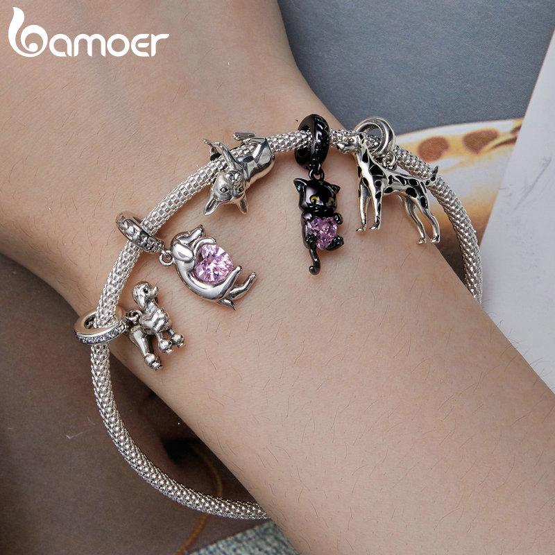 BAMOER Gold Plated Pet Dog Charm Beads for Charm Bracelet, Genuine 925 Sterling Silver Border Collie Dachshund Schnauzer Pendant