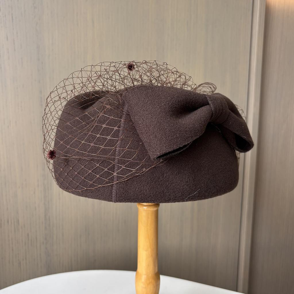 Autumn And Winter Bow Mesh Bud Hat Women'S High-End Sense Warm Felt Styling Top Hat British Style Stewardess Hat