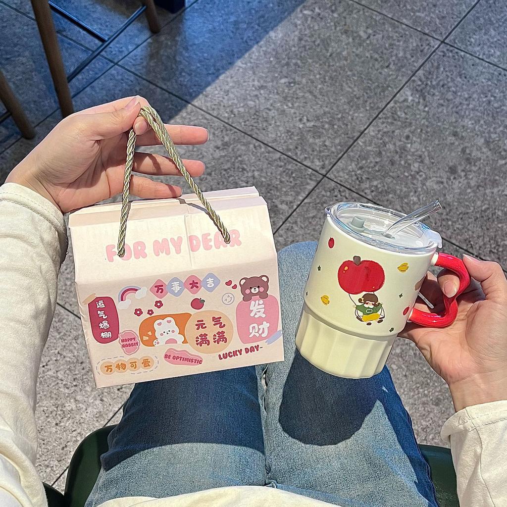 Apple Girl Mug with Lid with Straw Cup Cute High value Ceramic Water Cup Household Coffee Juice Cup