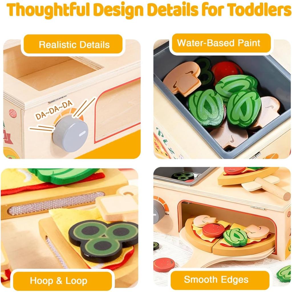 Wooden Pizza Toy Montessori Pretend Play Food Educational Learning Toy Kithcen Playset with Bake Oven Birthday Gift for Boy Girl