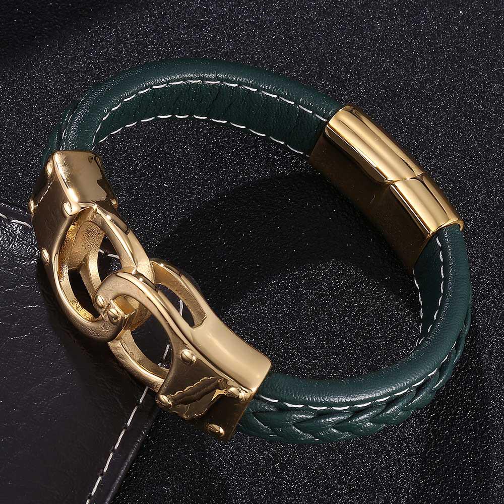 Pánský Punk Retro Zlatý Kožený Náramek Manžeta s Nerezovou Magnetickou Sponou