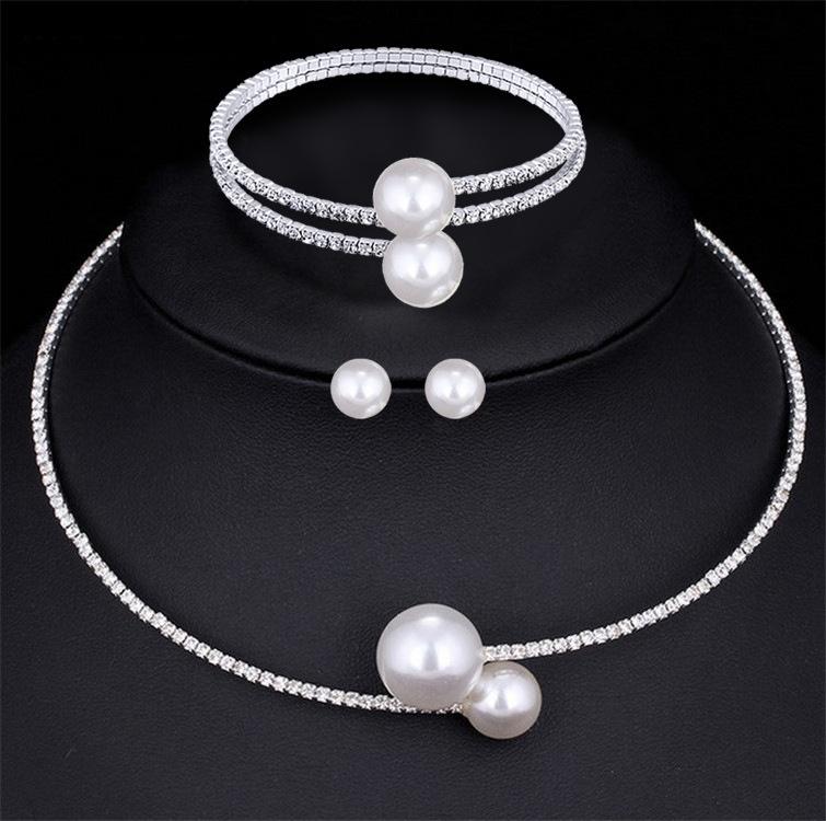 Joyería, Juego de Collar de Cadena para Clavícula Simple, Pendientes y Pulsera, Tamaño Completo de Diamante Perla Collar Abierto para Mujer