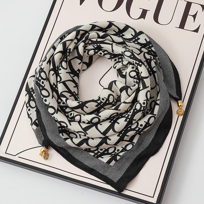 Women's 65" Silk Square Scarf with Magnetic Buckle – Autumn/Winter Print, Fashionable & Versatile Triangle Snood