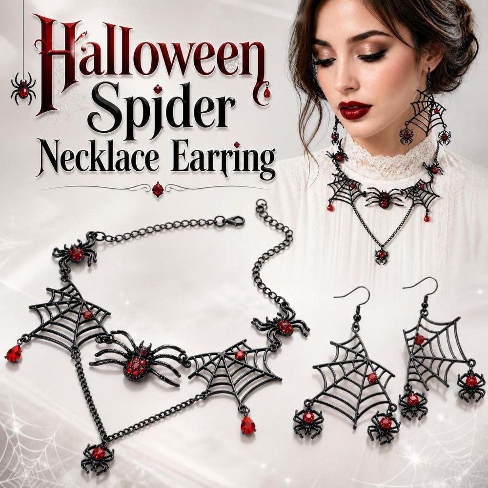 Ornate Halloween Spider Necklace Black-Toned Earring Necklace Set Gothic Jewelry Set Party-Wear