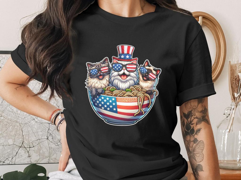 Patriotic Cats Ramen T-Shirt, Funny American Flag Kitties, 4th of July Cat Lover Gift, Independence Day America Tee, USA Pride Pet Mom Dad