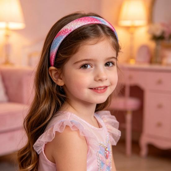 Bandeau pour fille avec peigne à dents lisses et arc anti-glisse Couleur dégradé arc-en-ciel Décoration Cœurs Étoiles Serre-tête
