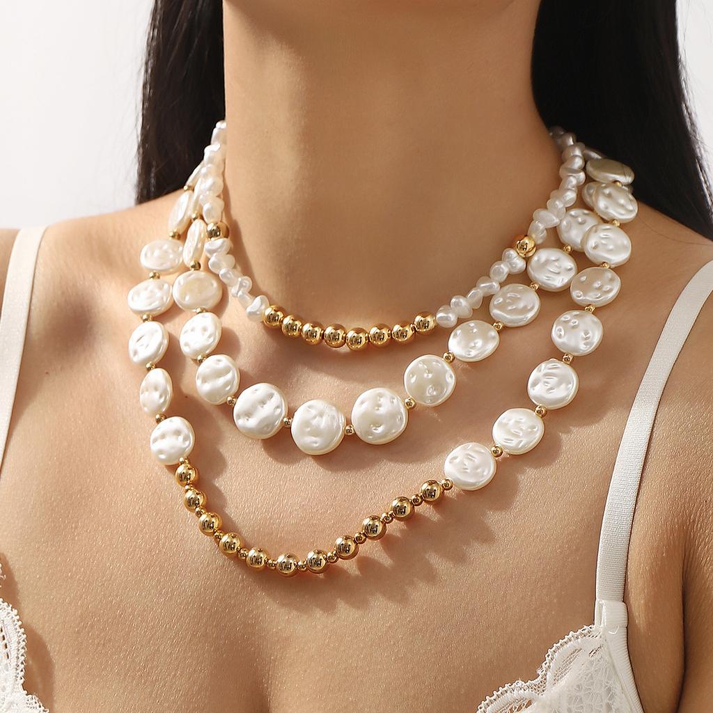 European and American New Round Imitation Pearl Necklace, Fashionable Temperament Commuting Geometric Multi-layer Collarbone Chain